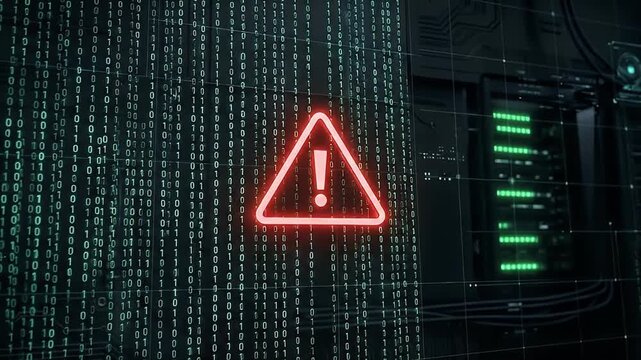 Red warning sign digital data binary code computer screen technology background cybersecurity alert data protection information security digital threat computer error glowing icon network security