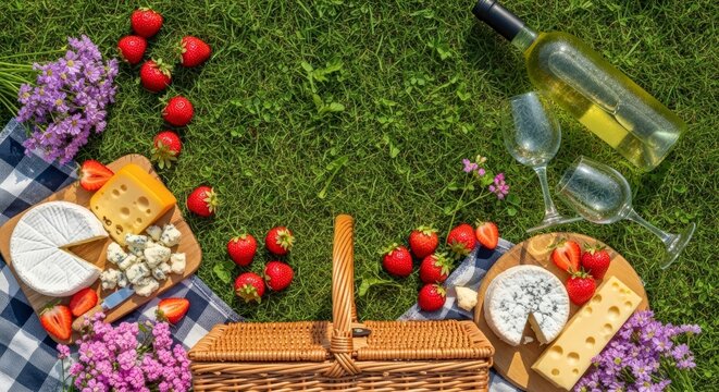 Picnic on green grass outdoors summer.