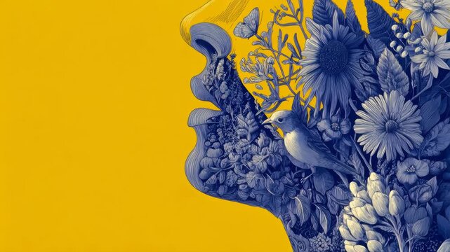 Illustration features a woman's profile adorned with detailed flowers and a bird, highlighted by a bright yellow background, emphasizing the connection between nature and humanity