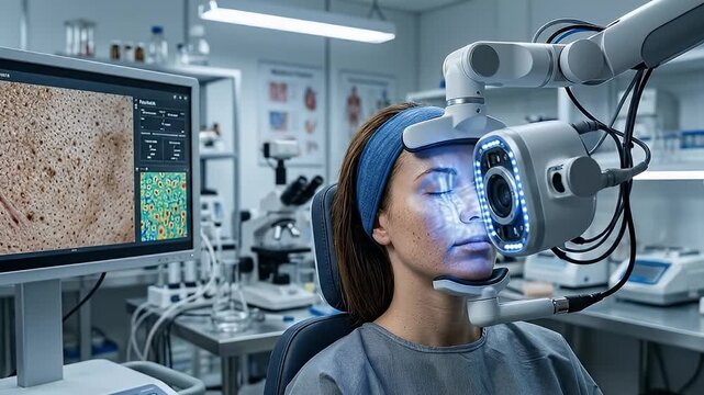 Skin analysis technology scanning face of woman with acne and pores in dermatology clinic for skincare treatment using medical device examination and facial imaging diagnostic equipment