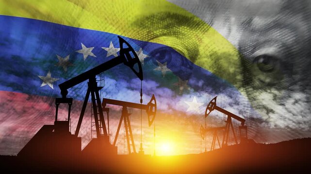 The change in oil prices. Oil price cap concept. Oil drilling derricks at desert oilfield. Oil pump on background of US dollar and Venezuela flag. Petroleum production.