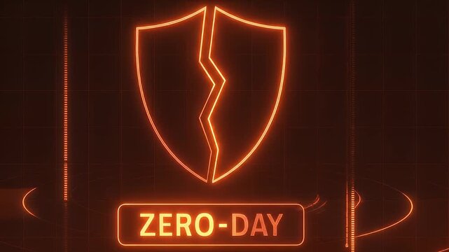 Zero day vulnerability concept featuring broken shield glowing in orange digital interface, symbolizing cybersecurity threat, technology protection, and digital security risk in futuristic style
