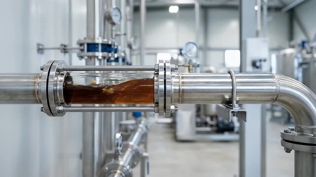 Liquid flowing through stainless steel pipe with transparent section in industrial factory showing fluid flow and metal equipment with pressure gauges monitoring system performance