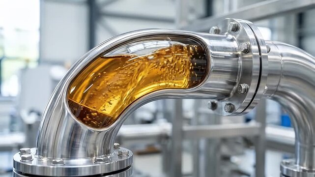 Stainless steel industrial pipe with transparent section showing amber liquid flow inside, metal machinery and equipment in clean factory environment with blurred background and industrial structures