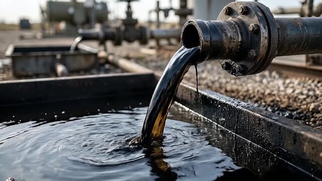 Oil flowing from pipe industrial liquid black fluid metal outdoor refinery energy heavy industry pipeline metal flange liquid discharge petroleum product factory spill pollution transportation