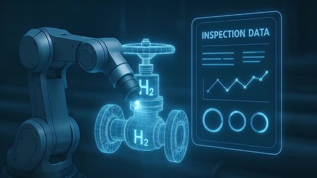 Robotic arm valve hydrogen inspection data digital interface technology futuristic industrial automation control system quality control manufacturing process engineering innovation science energy gas