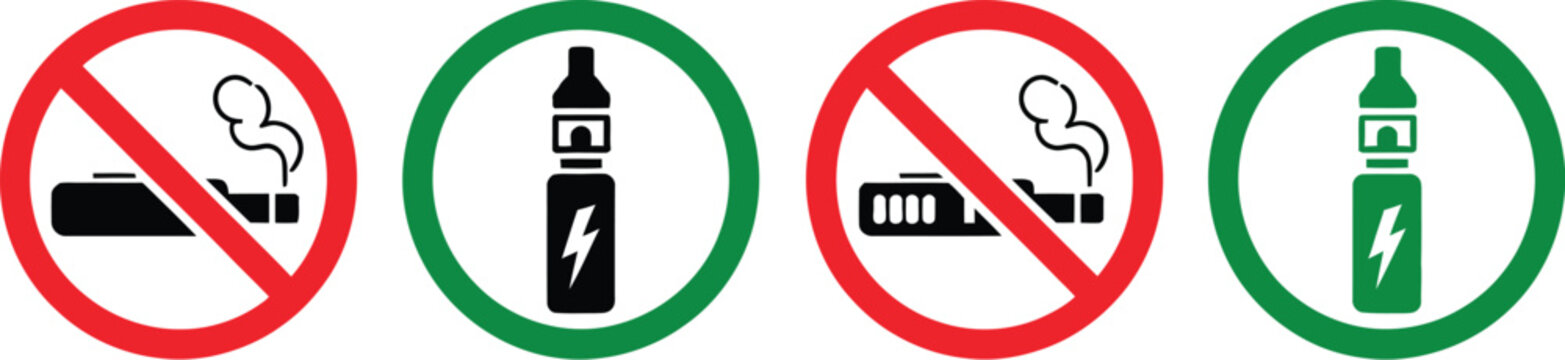 No smoking no vaping sign set illustration, prohibition symbols banning cigarette and vape use for public safety and workplace compliance.