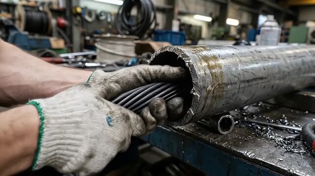 Worker wearing gloves handling metal rods and wire inside large steel pipe in industrial workshop with machinery, manufacturing process, metal coil, cable, tube, and metalworking equipment