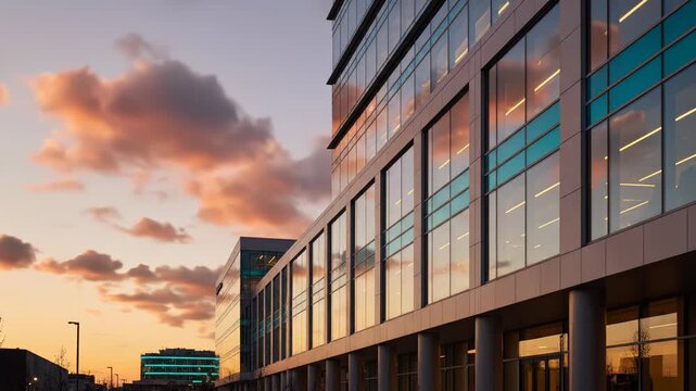 Office building captures sunset sky with colorful clouds in four frames. Urban setting highlights changing light through glass. Concept of architecture, city planning, real estate