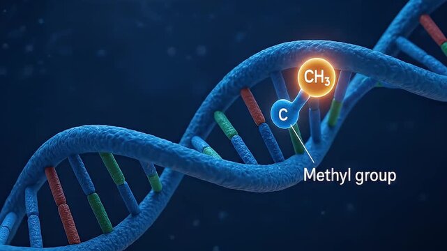 Methyl group attached to DNA strand chemical structure molecular biology genetic material DNA helix epigenetics DNA methylation concept with double helix highlighted methyl group CH3 carbon atom