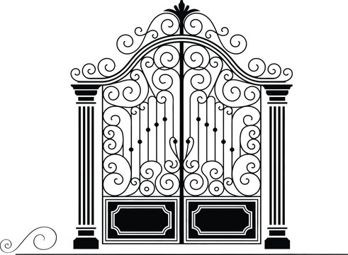 Wrought iron arch gate illustration, ornate decorative metalwork entrance with open archway for architectural design, garden gates, and classic exterior elements.