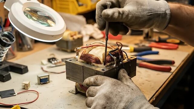 Electric motor repair coil winding technician hands workbench tools magnifying lamp copper wire electrical component industrial maintenance mechanical part workshop screwdriver gloved hands close up