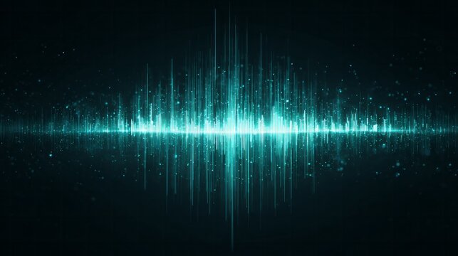 Glowing cyan sound wave visualization pulses across a dark background.