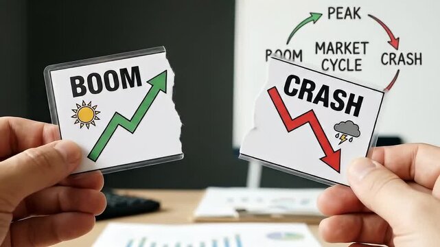 Boom crash market cycle concept with torn cards and paper showing green upward arrow and red downward arrow representing financial growth decline peak and business market phases