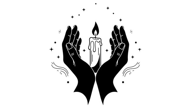 A mystical hand silhouette holding a candle with magic stars