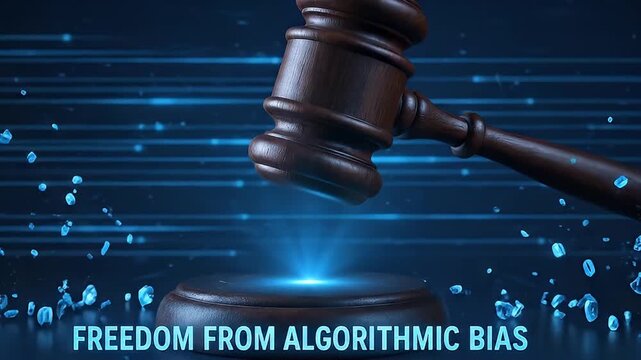 Freedom from algorithmic bias with wooden judge gavel breaking digital binary code chains and flying blue particles, symbolizing justice, fairness, law, technology, and digital freedom
