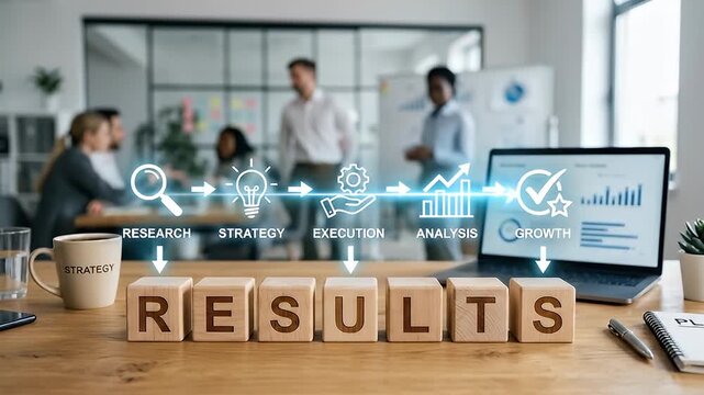 Wooden blocks spelling results on office desk with business strategy icons research execution analysis growth teamwork planning success concept modern workspace