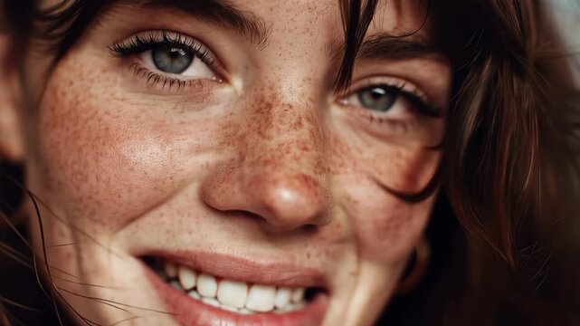 Radiant young woman with freckles smiling warmly against a softly blurred background in natural light, showcasing joy and beauty during a casual moment