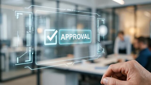 Approval checkmark hand business office technology digital interface screen transparent modern workspace communication decision success corporate meeting gesture interaction finger touchscreen