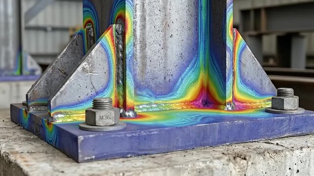 Metal structure steel base welded joint bolt industrial construction close up colorful stress pattern metalwork factory engineering support heavy duty base plate steel base plate bolts welds colorful