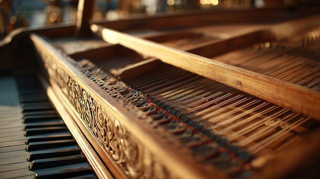 Vintage harpsichord interior close-up with carved wood and aligned strings, warm golden light, shallow depth highlighting texture, classical instrument still life