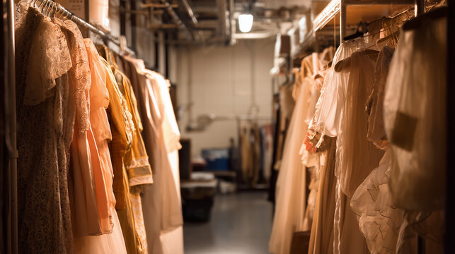 Theatre backstage with costumes on hangers in dimly lit corridor  