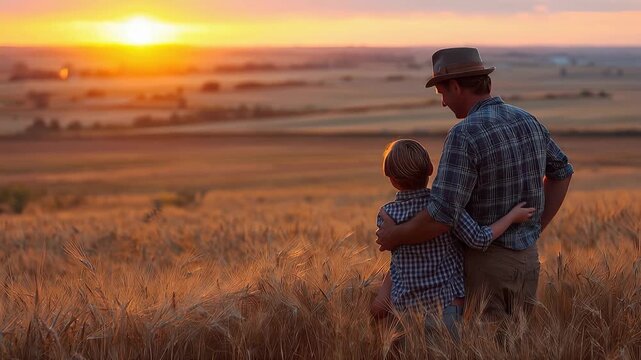 Farmer and son enjoying a sunset view over golden fields in rural landscape, creating lasting memories together