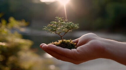 Fototapeta premium Nurturing Life's Potential: A tender hand cradles a miniature tree, a symbol of growth and the promise of a brighter, greener future. 