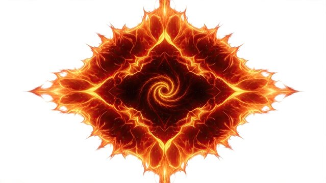 Fiery mandala with swirling flames on white background abstract fire pattern intense heat energy design spiritual symbol burning vortex cosmic explosion geometric flame art glowing