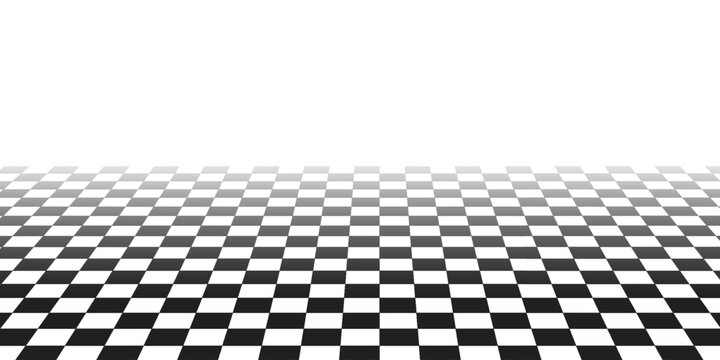 Checkerboard, chessboard, checkered plane in angle perspective. Tilted, vanishing empty floor.eps10