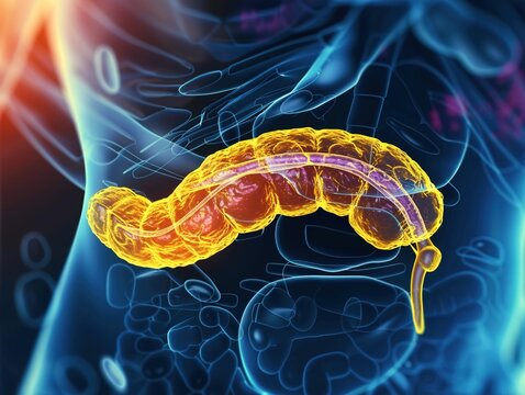 Medical illustration of pancreatic cancer, a highly aggressive malignant tumor originating in the pancreatic tissue, often diagnosed at advanced stages due to subtle early symptoms