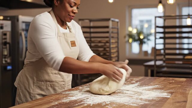 Baker kneads dough on wooden counter in modern kitchen. Bright space with baking tools and equipment visible. Concept of baking, culinary arts, food production