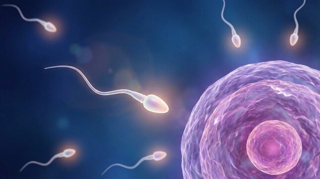 Microscopic illustration of human sperm cells fertilizing an egg cell, depicting the process of conception and reproduction.