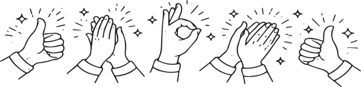 Symbol of Agreement and Approval: A set of stylized hand gestures convey positive messages of agreement, approval, and encouragement. Illustrative design showcasing appreciation.