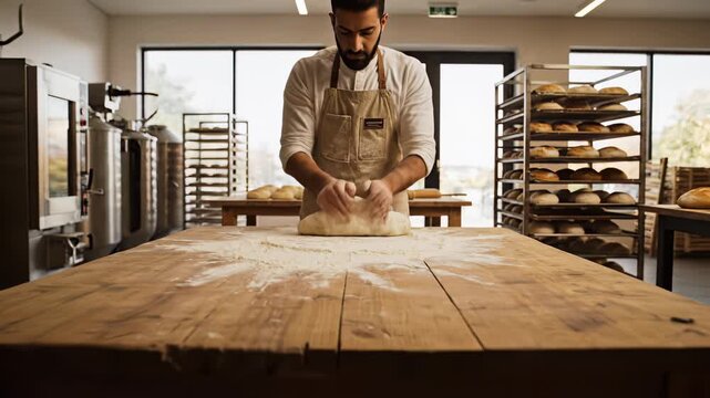 Baker kneads dough on wooden table in bakery. Bright workspace with baking equipment and flour-covered surface. Concept of bakery, food preparation, artisan cooking