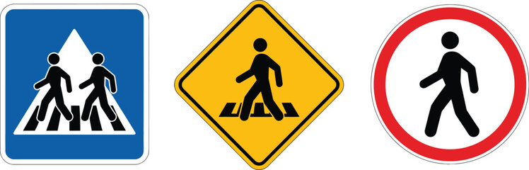 Crosswalk pedestrian signs illustration set, zebra crossing symbols with no walking prohibition icons and road safety traffic signage © Nicholas