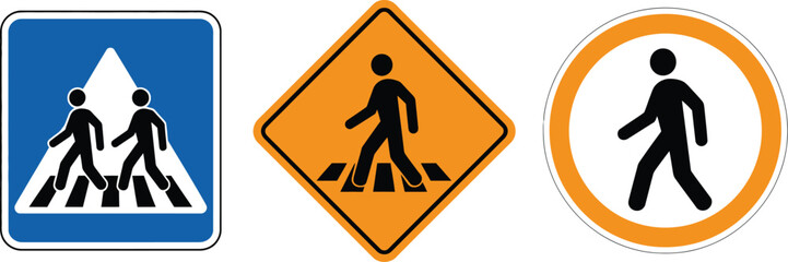 Pedestrian crossing signs illustration set, crosswalk zebra symbols, no walking prohibition icons, and road safety traffic signs for urban areas. © Nicholas