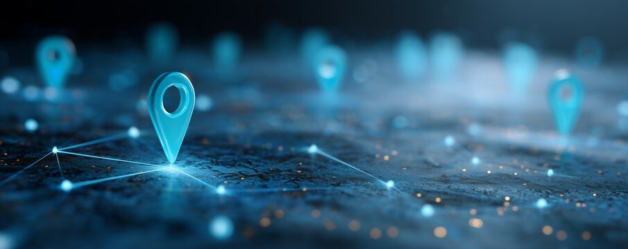 Glowing blue location pin markers connected by network lines on dark digital map surface, concept for logistics tracking, global communication network and delivery service management
