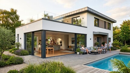 Fototapeta premium A modern, minimalist house with a pool and garden, featuring a glass facade and a rooftop terrace.