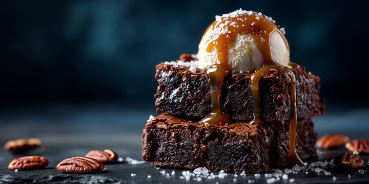 Gourmet chocolate brownies stack with vanilla ice cream and salted caramel sauce drizzle with pecans on dark background, concept for dessert menu, pastry advertising and culinary blogging