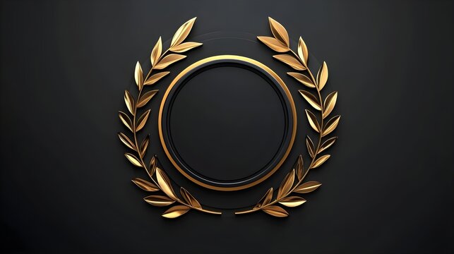 Golden laurel wreath with black circle on dark background