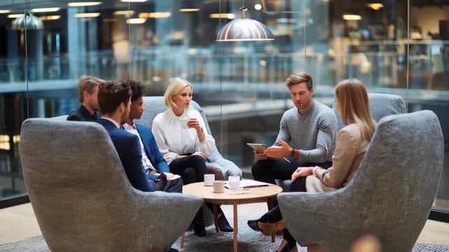 Colleagues engage in a productive discussion while seated in modern chairs in a collaborative workspace during the afternoon hours