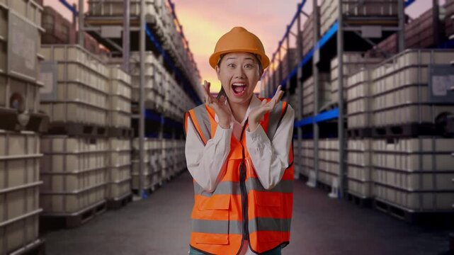 Asian Female Engineer With Safety Helmet Smiling To Camera And Saying Wow While Standing at Warehouse with Containers and Barrels