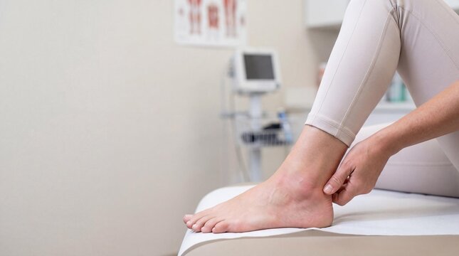 Close up of foot with Achilles tendonitis pain on medical bed