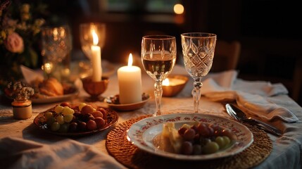 Fototapeta premium Romantic Dinner Table with Candlelight: A beautifully arranged dinner table is bathed in the soft glow of candlelight, creating an intimate and romantic setting. A plates of grape, flower, bread.