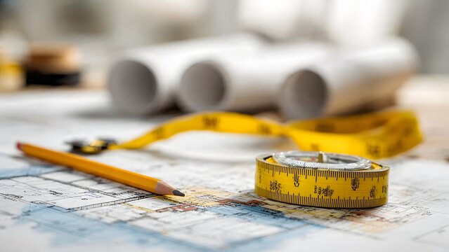Bright neutral backdrop with yellow tape measure, compass, and pencil diagonally arranged over site and floor plan overlay blueprints