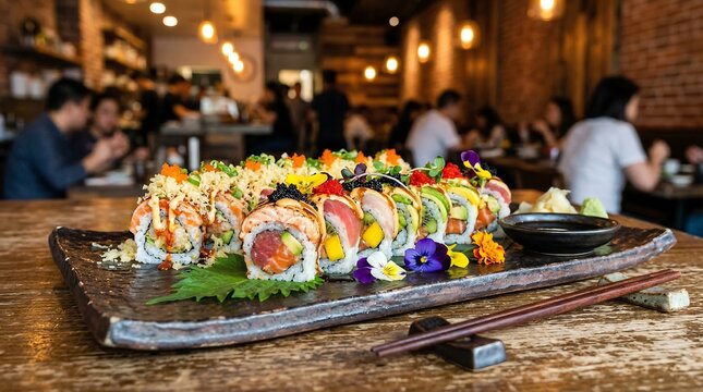 A beautifully presented sushi platter on a wooden table in a bustling restaurant