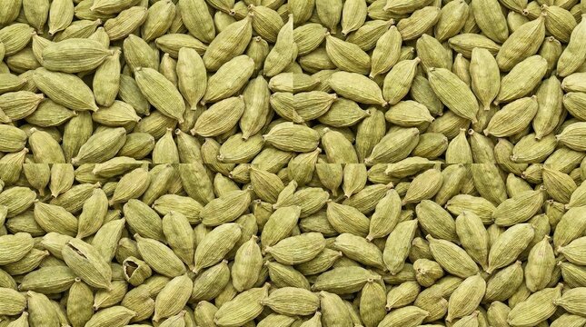 Seamless pattern of dried green cardamom pods, highly detailed fibrous organic tropical spice background.
