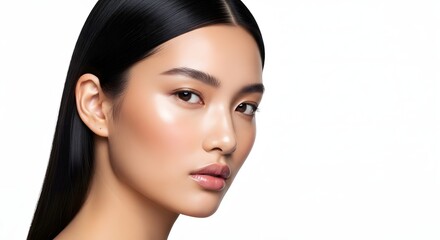 Naklejka premium Asian Woman with Perfect Skin, Beauty Portrait, White Background