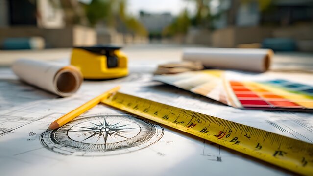 Clean daylight shot of yellow tape measure marking dimensions on site layout blueprint, compass centered on round plaza feature